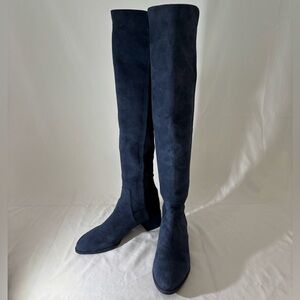 Stuart Weitzman ‘FIFO’ OTK Boots Blue Suede Black Elastic Calf Friendly 8